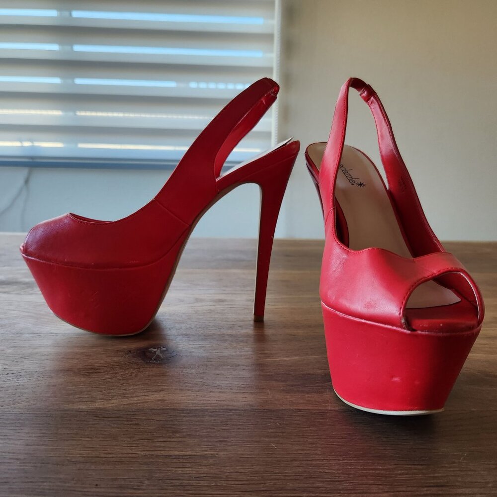 NEW with defects, red slingback 6" platform heels